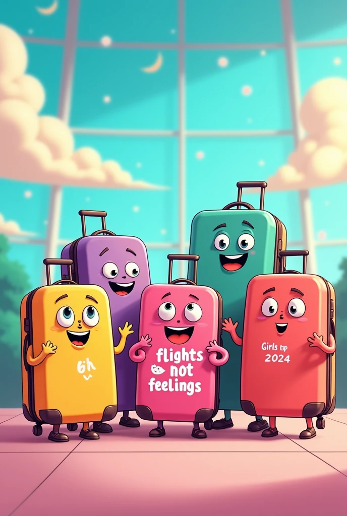 cartoon suitcases 6 suitcases only. saying catching flights not feelings girls trip 2024 on
them