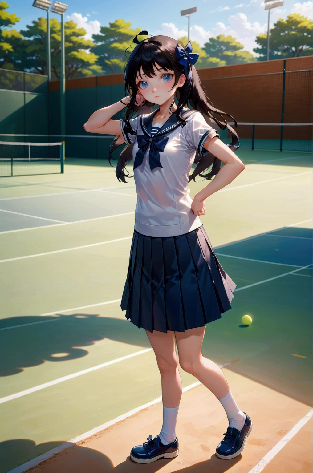 realistic anime illustration of beautiful middle school girl is posing at tennis court, she has black long wavy hair, white short puff sleevesailor collar shirt, navy-blue bow, navy-blue pleated pencil long skirt, white socks, black mary-jane shoes, (1girl, solo, full body), (masterpiece, best quality, japanese anime style), (expressive eyes, perfect face, perfect body)
