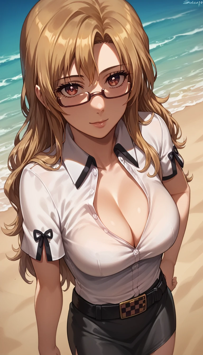 score_9, score_8_up, score_7_up, detailed eyes, beautiful, detailed background, face focus, masterpiece, best quality, looking at viewer, kiryu moeka
glasses, white shirt, collared shirt, short sleeves, black skirt, belt, hourglass figure, perfect body, cleavage, on beach, horny face,