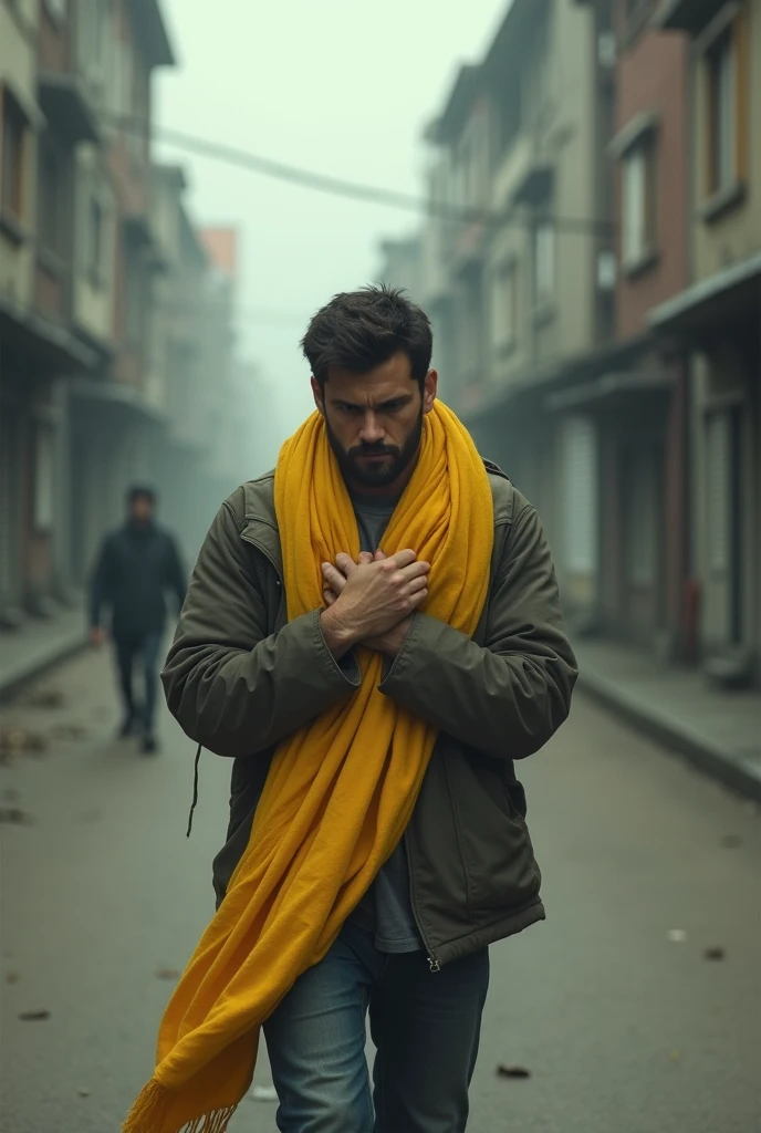 A sad man walking on an empty street. Holding a woman's yellow scarf in his hands and hugging it to chest. He should not wear the scarf around his neck, he should hold it in his hands
