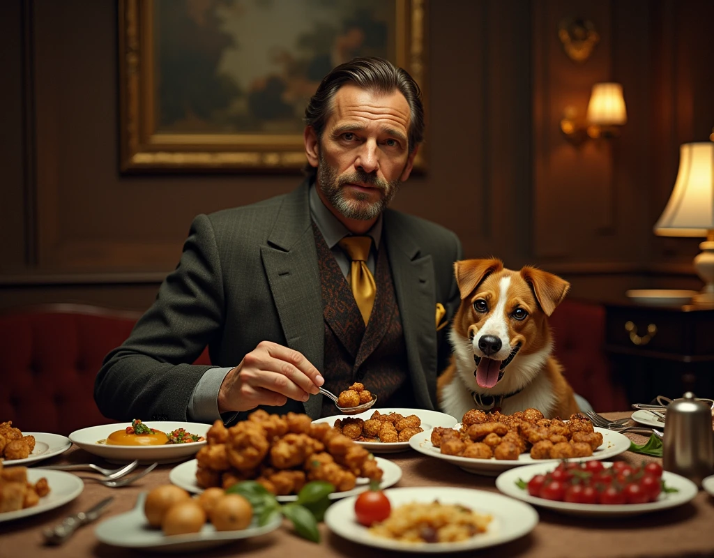 A man has a dog living in luxury, eating kebabs and kofta. Create an image that represents this scene, with colors that look old, as if from the early days of color television.
