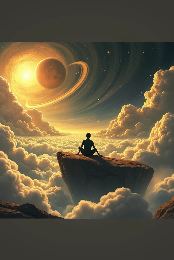 Someone is sitting on a rock, threw his legs, and looks at the ground, sitting on space clouds, I&#39;m standing in outer space, looking into space, looking into space, floating in space, floating near the planets, Celestial planet in the background, surreal space, Infinite space in the background, sitting on the moon, Floating in outer space, floating in space