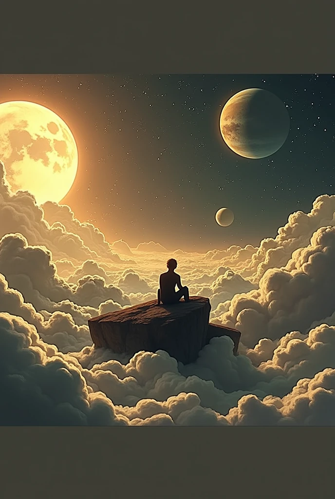 Someone is sitting on a rock, threw his legs, and looks at the ground, sitting on space clouds, I'm standing in outer space, looking into space, looking into space, floating in space, floating near the planets, Celestial planet in the background, surreal space, Infinite space in the background, sitting on the moon, Floating in outer space, floating in space