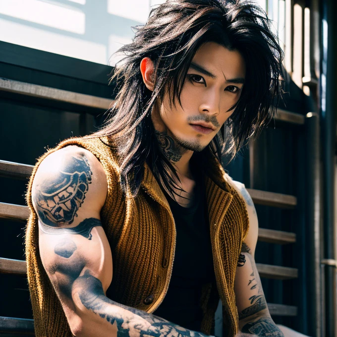 1 man, Japanese man, male, Asian eyes, muscular, broad shoulders, yakuza tattoos, hairstyle Visual Kei style, hair Visual Kei, black men's shirt and black pants, ultra detailed face, hyperrealistic, realistic representation, long hair, long hair, 30 years old, age 30 years, blonde hair