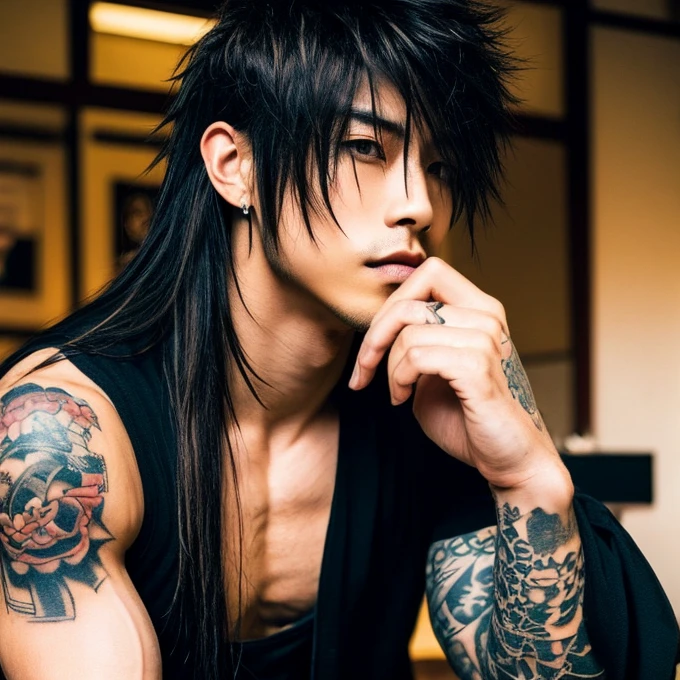 1 man, Japanese man, male, Asian eyes, muscular, broad shoulders, yakuza tattoos, hairstyle Visual Kei style, hair Visual Kei, black men's shirt and black pants, ultra detailed face, hyperrealistic, realistic representation, long hair, long hair, 30 years old, age 30 years, blonde hair