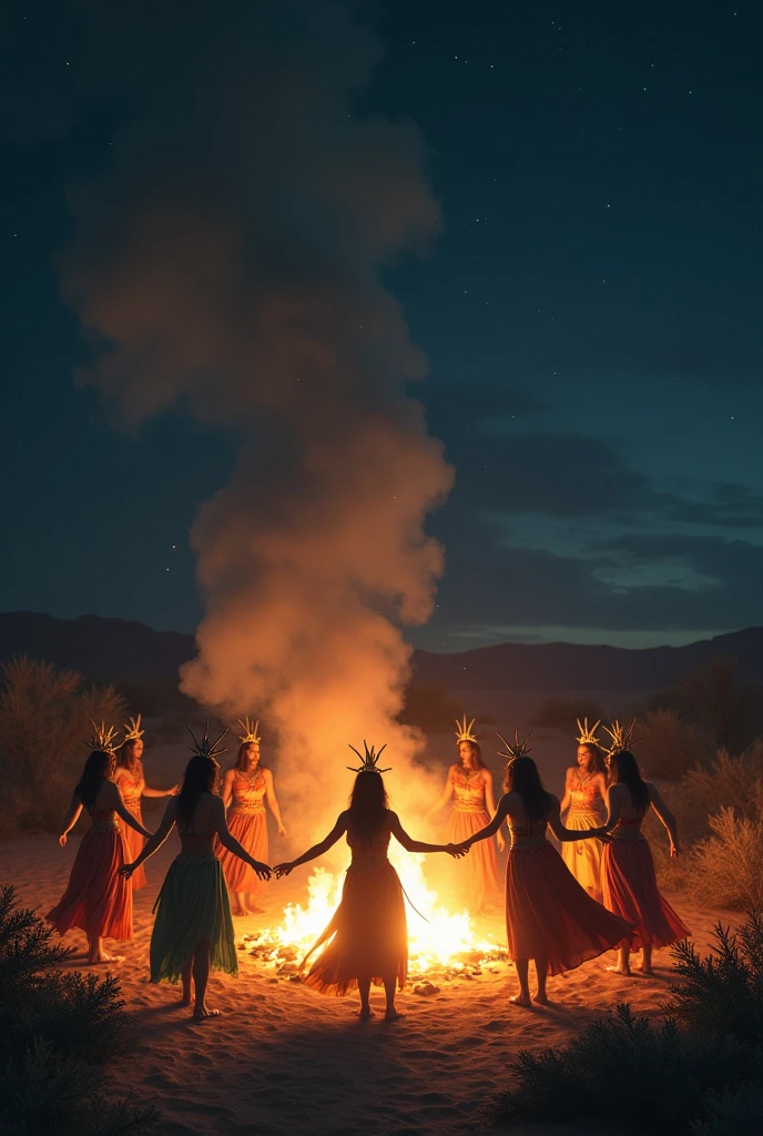 Night time in the desert with Viodoo women dancing around a fire and smoke and lighting background 