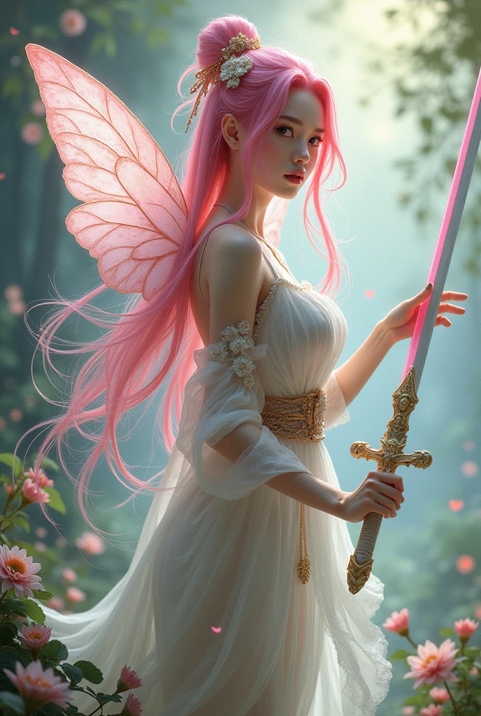 Winged fairy girl with pink hair who is wielding a Chinese straight longsword