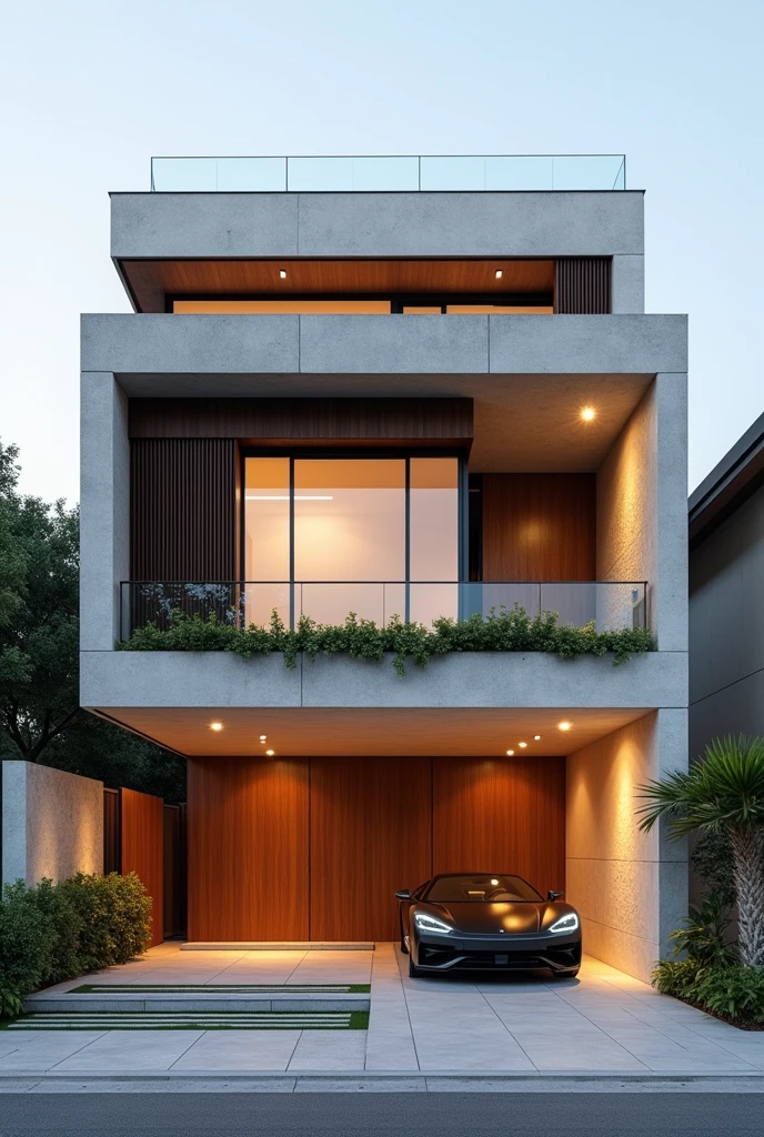 Overview: Create a detailed scene of a modern two-story house, located in an upscale residential neighborhood. Architecture must be minimalist and contemporary, with emphasis on straight lines, well-defined volumes and a color palette that combines natural elements and neutral tones. Lighting is key, focusing on enhancing materials and creating an inviting and luxurious environment during twilight.Facade and Structure:First floor:The first floor is characterized by a wide and open structure, with a garage on the right that accommodates a luxury car. The garage must have a wide entrance, no visible doors, and recessed ceiling lighting that highlights the vehicle and creates soft shadows on the surrounding walls.to the left, the main entrance to the house is marked by an imposing wooden door, with vertical details, that stretches from floor to ceiling. The door is surrounded by light beige walls., made of textured concrete, that give a feeling of solidity and security.The roof that extends over the garage and main entrance is designed with a flat and continuous design, which integrates the spaces and is complemented by built-in linear lighting, that highlights the texture of the materials.Second floor:The second floor features a lighter, more open design, with large glass windows that occupy most of the facade. The windows are divided into horizontal sections, framed by matte black aluminum profiles, that contrast with the lightness of the glass and add a sense of modernity.Between the windows, vertical dark brown slatted wood panels extend from floor to ceiling, creating a visual rhythm that matches the natural textures of the project. These wooden slats also serve as brise-soleils, offering privacy and light control for interior spaces.A narrow balcony with a clear glass railing projects slightly over the garage, with a hanging garden that has green foliage plants, adding