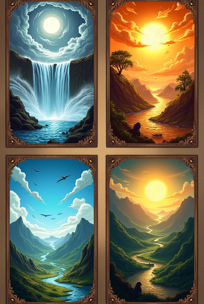 generates the image of the Power Cards for the board of a Mapuche game:
Description: Cards representing natural elements and their respective powers:
-It is: Water - Represented by a torrent of flowing water, with blue and silver tones.
-Küruf: Wind - Illustrated with gusts of wind blowing leaves and dust, with greyish and white colours.
- Antu: Sun - Shown with a bright sun in a clear sky, with golden and orange tones.
- A map: Earth - Represented with a landscape of mountains and trees, using green and brown tones