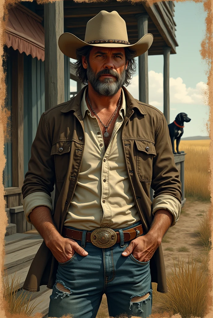 A heartfelt and nostalgic country album cover featuring Tex Arcana, with a weathered, yet grizzled, appearance. He is dressed in classic cowboy attire, complete with a hat and worn-out jeans. In the background, there's a tavern with the silhouette of a dog on a porch, symbolizing his lost companion. The title of the album, "My Woman Left Me for My Best Friend," is displayed prominently, with a touch of sadness. The subtitle, "I Sure Do Miss My Dog," adds a personal and emotio