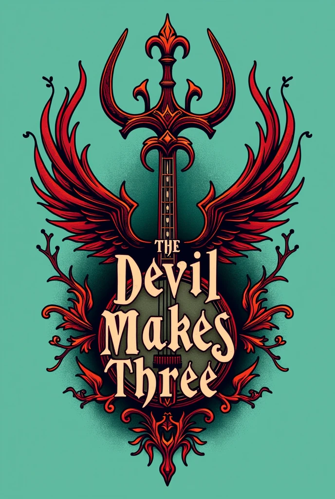 {
  "prompt": "Design an eye-catching t-shirt logo for 'The Devil Makes Three' band. Feature a detailed, vintage-inspired illustration combining a devil’s trident with a classic banjo or guitar. Include intricate line work and elements like flames or musical notes for dynamic energy. Use a custom font for the band’s name 'The Devil Makes Three', with a gothic and rustic style and subtle embellishments like horns or flames. Apply a dramatic color palette of deep reds, burnt oranges, dark blacks, and metallic accents like gold or silver. Ensure the logo has a transparent background and present it against a bold contrasting color background, such as electric teal or vibrant magenta, to make the design stand out.",
  "size": "1024x1024",
  "background": "transparent",
  "display_background_color": "electric teal"
}