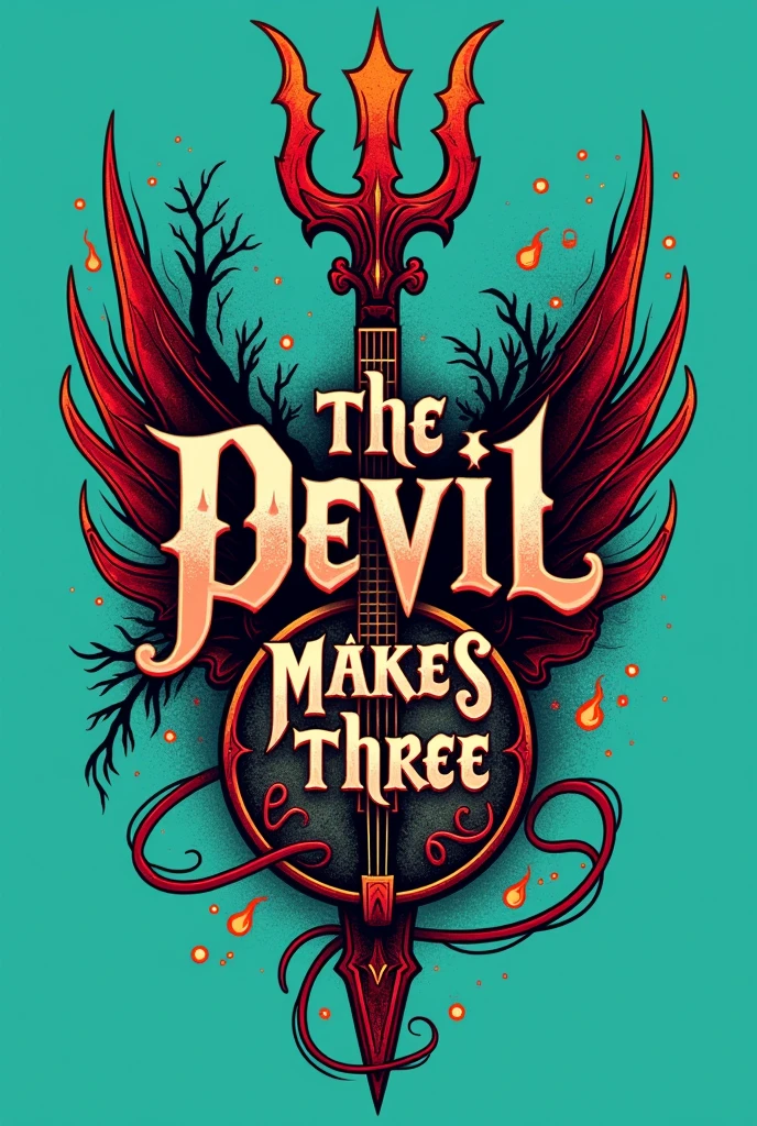 {
"prompt": "Design an eye-catching t-shirt logo for 'The Devil Makes Three' band. Feature a detailed, vintage-inspired illustration combining a devil’s trident with a classic banjo or guitar. Include intricate line work and elements like flames or musical notes for dynamic energy. Use a custom font for the band’s name 'The Devil Makes Three', with a gothic and rustic style and subtle embellishments like horns or flames. Apply a dramatic color palette of deep reds, burnt oranges, dark blacks, and metallic accents like gold or silver. Ensure the logo has a transparent background and present it against a bold contrasting color background, such as electric teal or vibrant magenta, to make the design stand out.",
"size": "1024x1024",
"background": "transparent",
"display_background_color": "electric teal"
}
