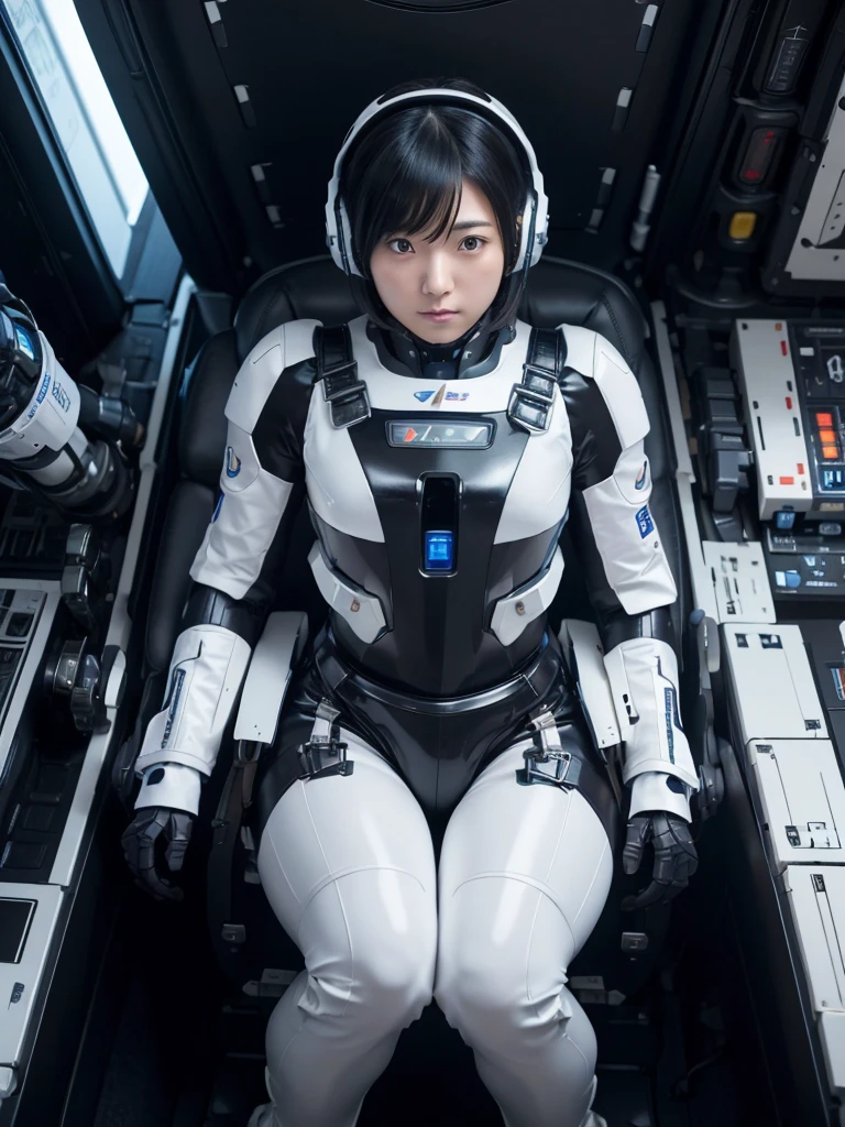 Japanese female android,Black Hair,Space Shuttle Cockpit,Large seat,Secured to the seat with a thick harness,Wearing a headset,Plump,Slightly thicker,Spread your legs,Squat,White robot suit,Robotic arms and legs,There is a control panel and monitor on the chest.,Surrounded by machines,