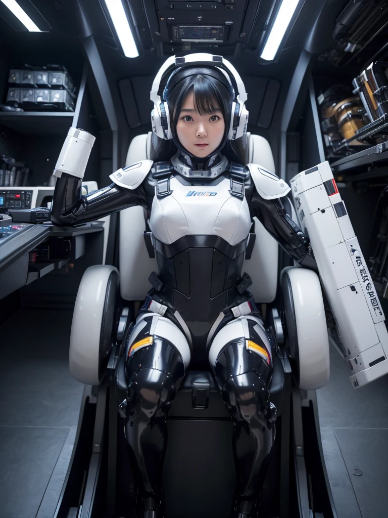 Japanese female android,Black Hair,Space Shuttle Cockpit,Large seat,Secured to the seat with a thick harness,Wearing a headset,Plump,Slightly thicker,Spread your legs,Squat,White robot suit,Robotic arms and legs,There is a control panel and monitor on the chest.,Surrounded by machines,