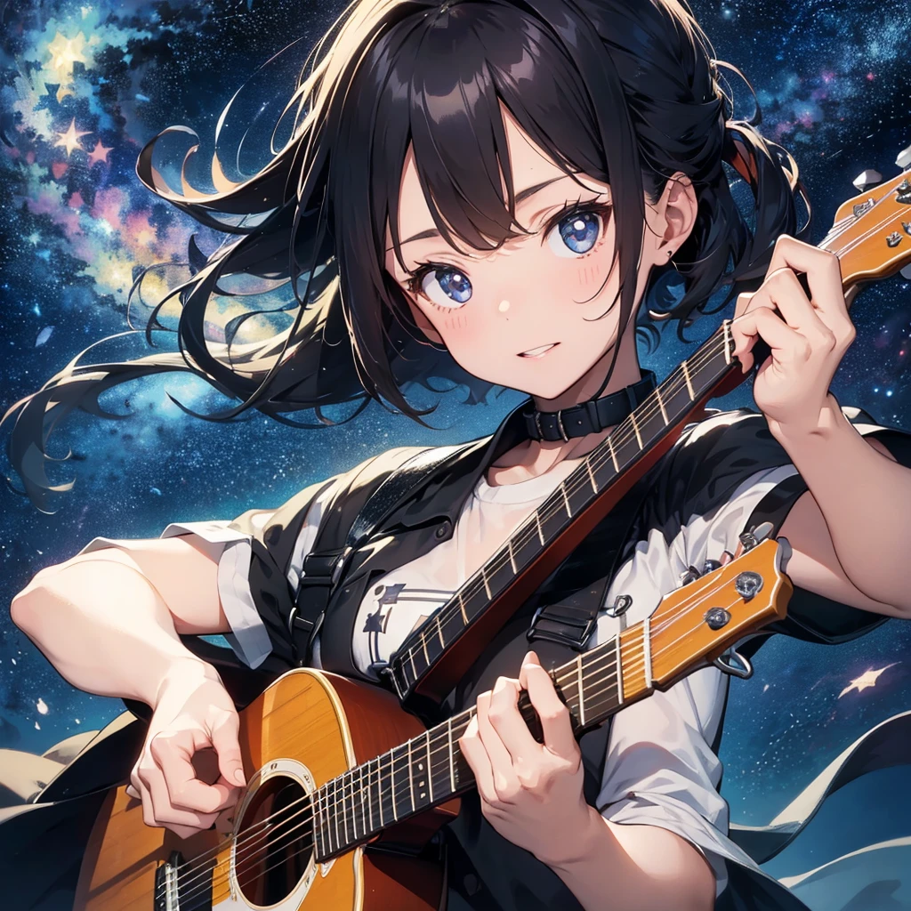 In the dark night Starry Sky woman Playing guitar