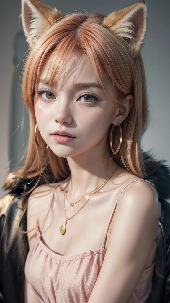 Orange red fox, animal, 独奏, high resolution, simple background, animal ears, detail, HD Model, best qualityer, ultra HD, Textured skin, heterochromia, character  design, digitl art, dressed appropriately, light pink dress with small neckline, thin and delicate necklace and small gold hoop earrings 