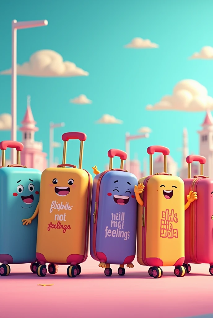 cartoon suitcases 6 suitcases only. saying catching flights not feelings girls trip 2024 on
them