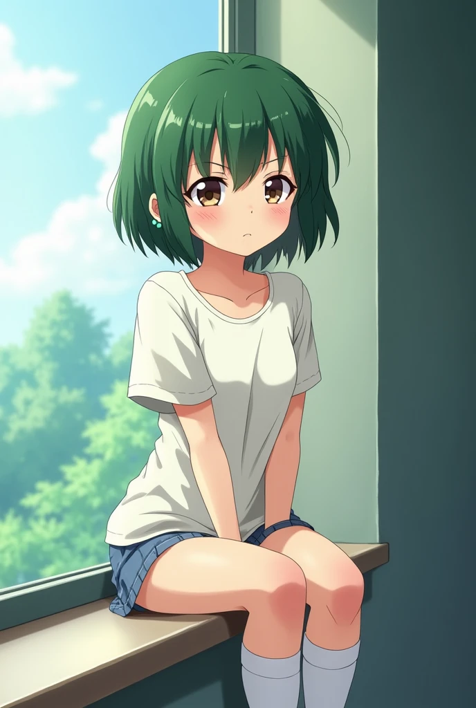 Tall  older anime attractive slim girl with short green fluffy hair on the face with darker complexion with chubby cheeks with white shirt and white pants with white knee-high sock with earrings in ears sitting on the windowsill at school with medium boobs embarrassed