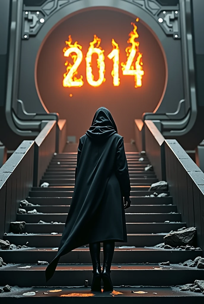Create a name at the top of a futuristic staircase in front of a dark portal.. Above the portal it says 2014 on fire. Man wearing hood with casual but very elegant black clothes walking up the stairs..