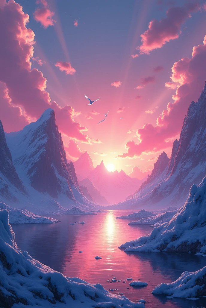 photo of the sea in a purple sunset with ice mountains white birds plenty of cloud with rays coming out of it 