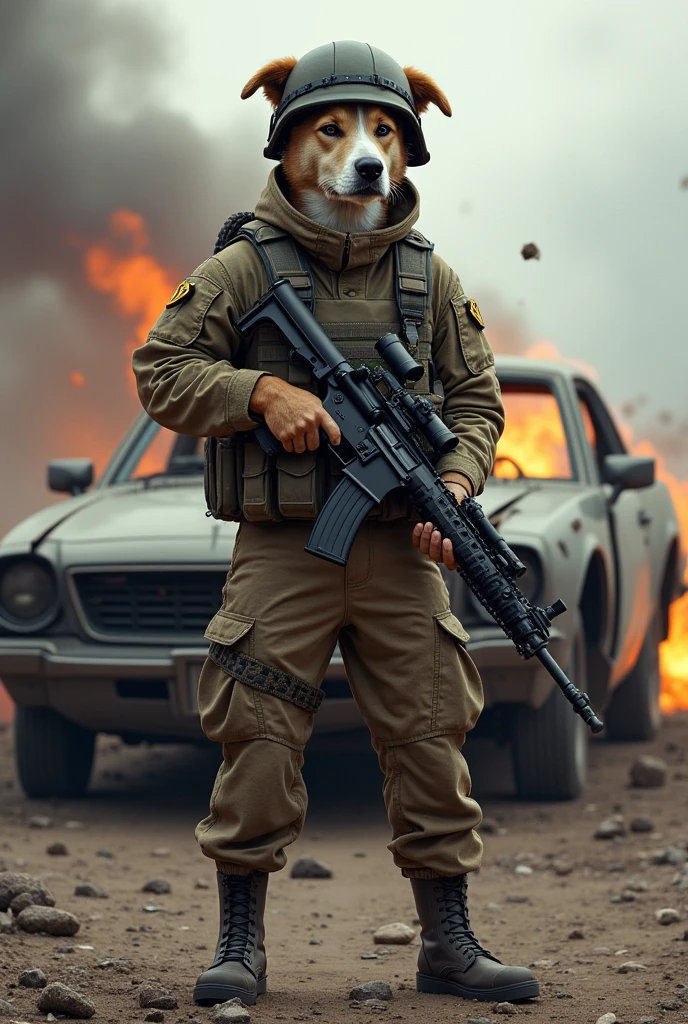 A dog with soldier suit carried a gun wear a helmet and boots with exploded car behind it