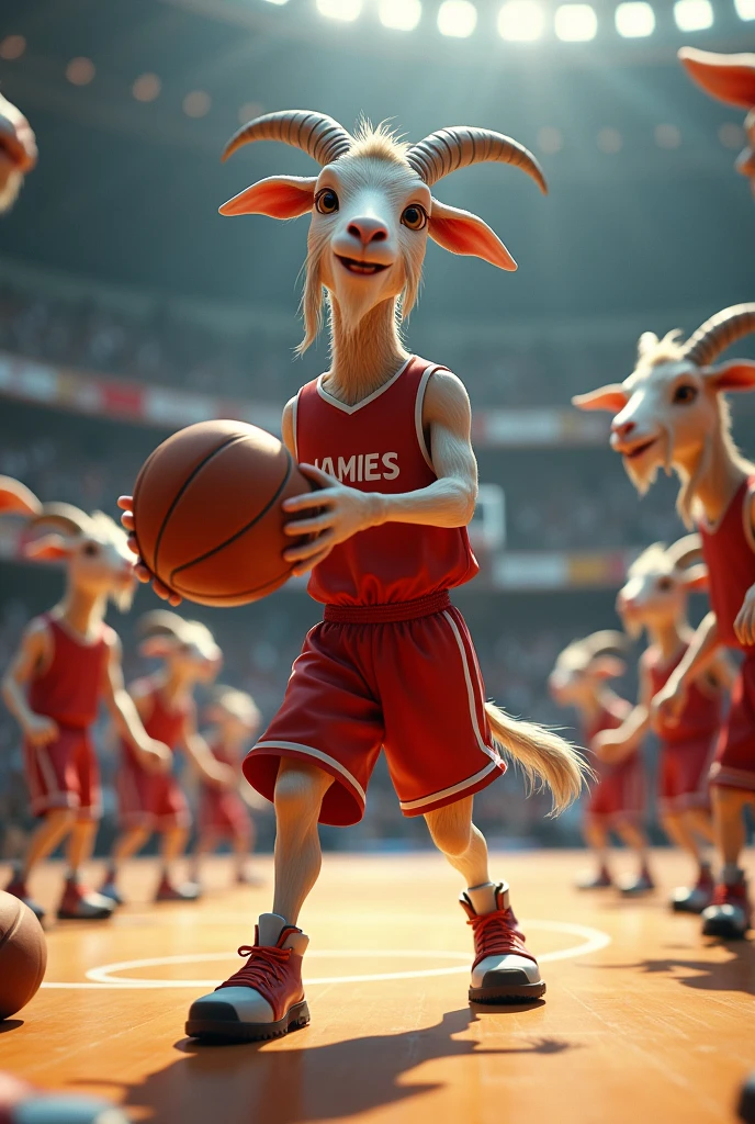 James, un chèvre mâle en tenue de joeur à l'intérieur d'un stade de basket ball , in full action, servant la balle à d'autres chèvres en shorts sportifs attendent de jouer.