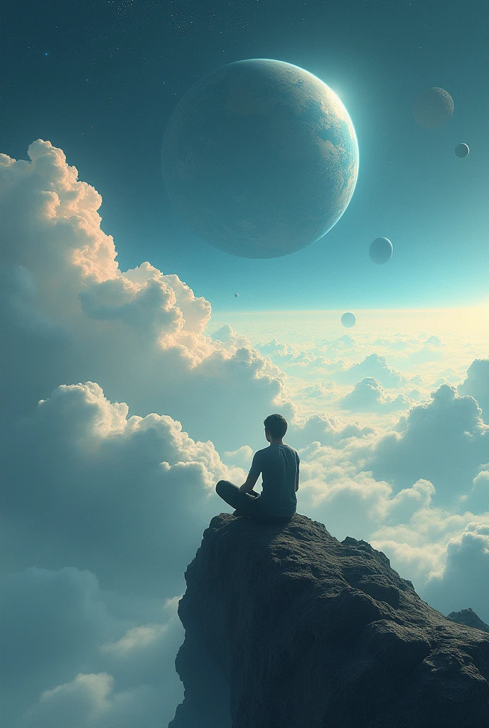 Someone is sitting on a rock, threw his legs, and looks at the ground, sitting on space clouds, I'm standing in outer space, looking into space, looking into space, floating in space, floating near the planets, Celestial planet in the background, surreal space, Infinite space in the background, sitting on the moon, Floating in outer space, floating in space