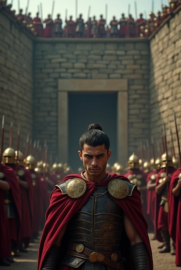 Aidan Gallagher with an underworld aura facing a wall full of Spartans led by Leonidas 