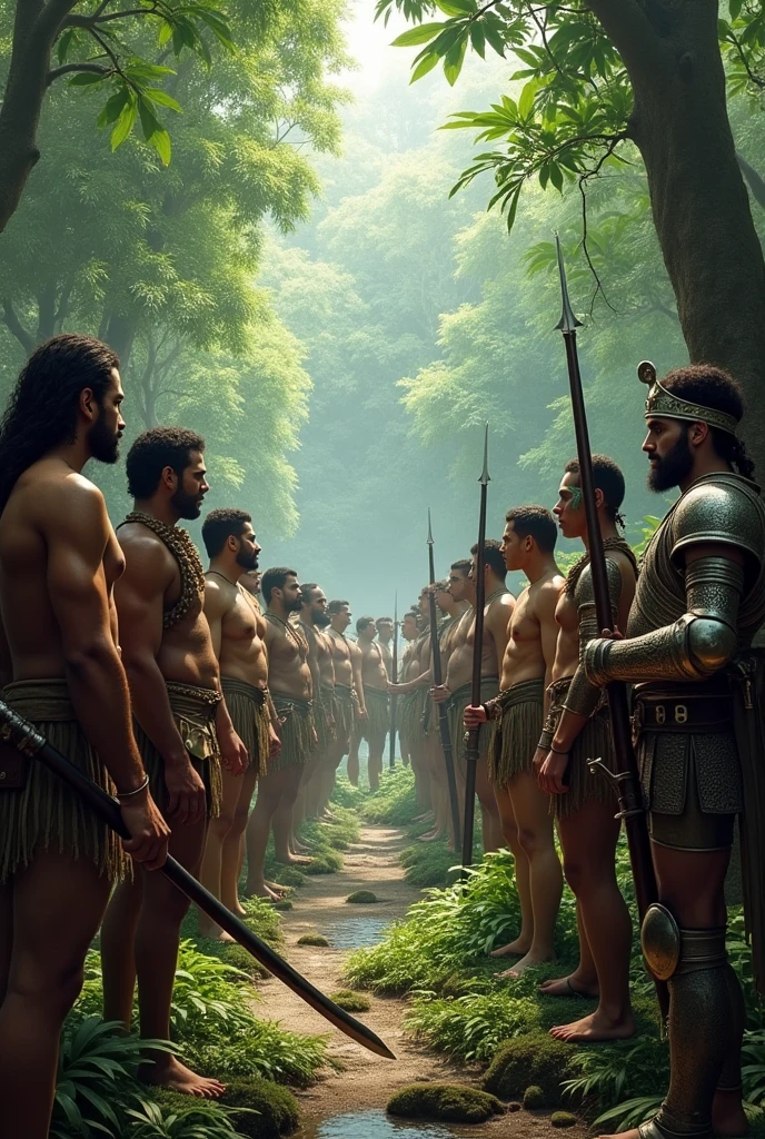 An indigenous tribe in loincloths from the 1490s facing Spanish soldiers from the 1490s, are found in the jungle 