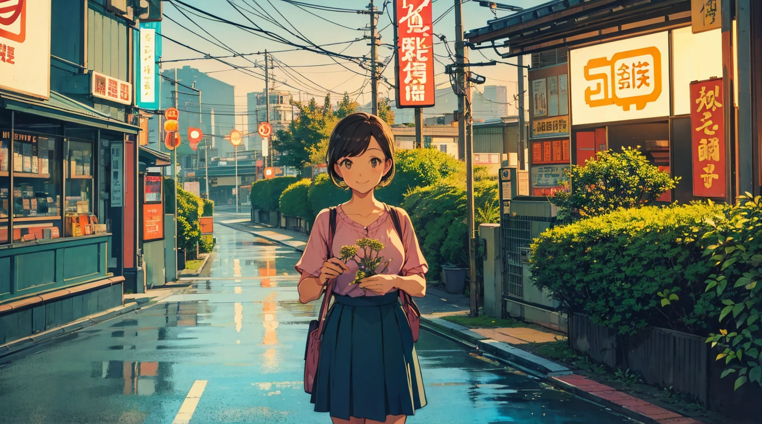 Retro Woman。Scenery with a Showa-era feel。evening。smile。