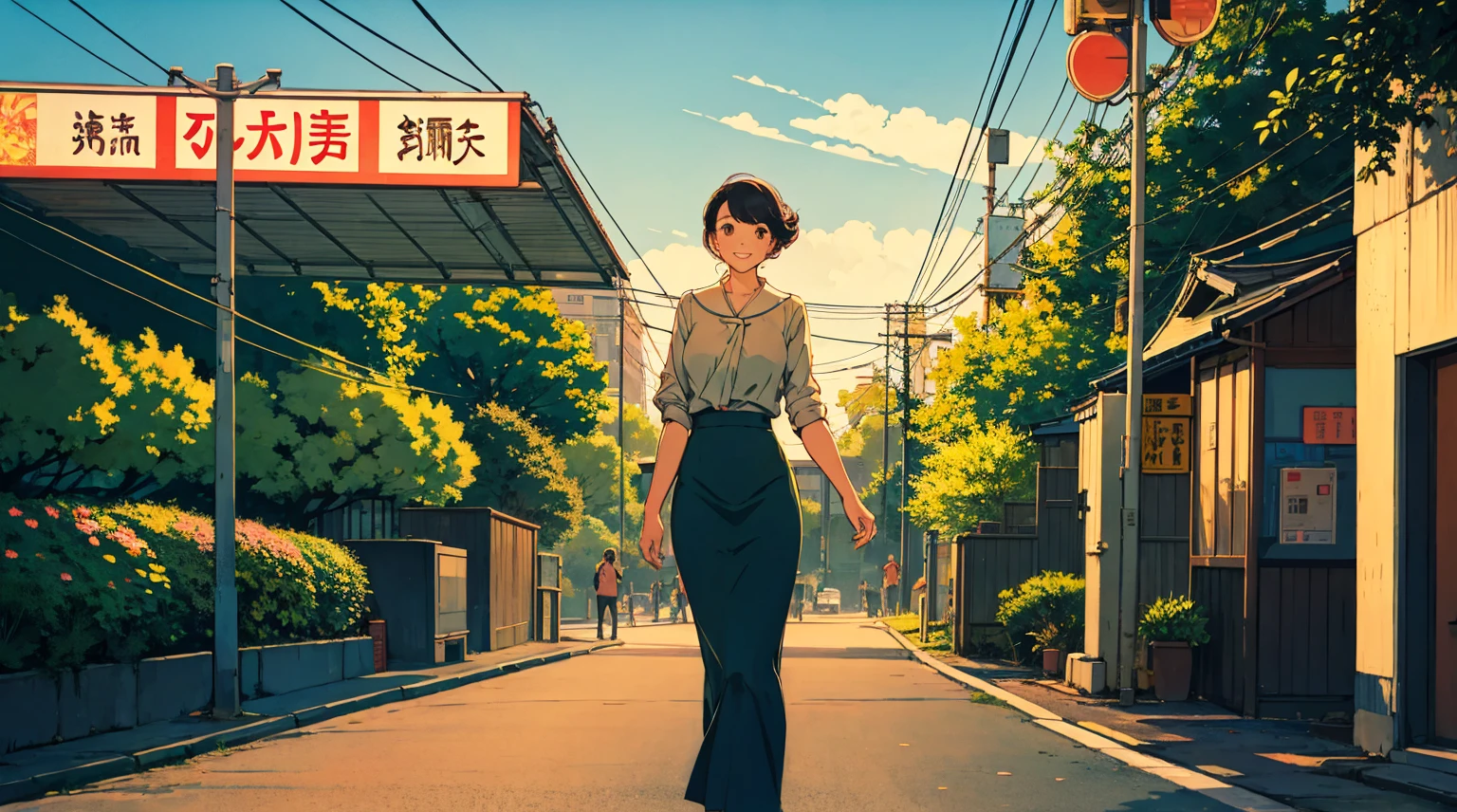 Retro Woman。Scenery with a Showa-era feel。evening。smile。