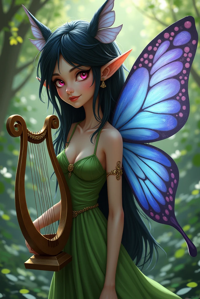 A slender fairy with blue and purple butterfly wings, black hair and pink eyes. She wears long, natural green clothes., and holds a lyre harp. She has an expression of someone who likes to play pranks..