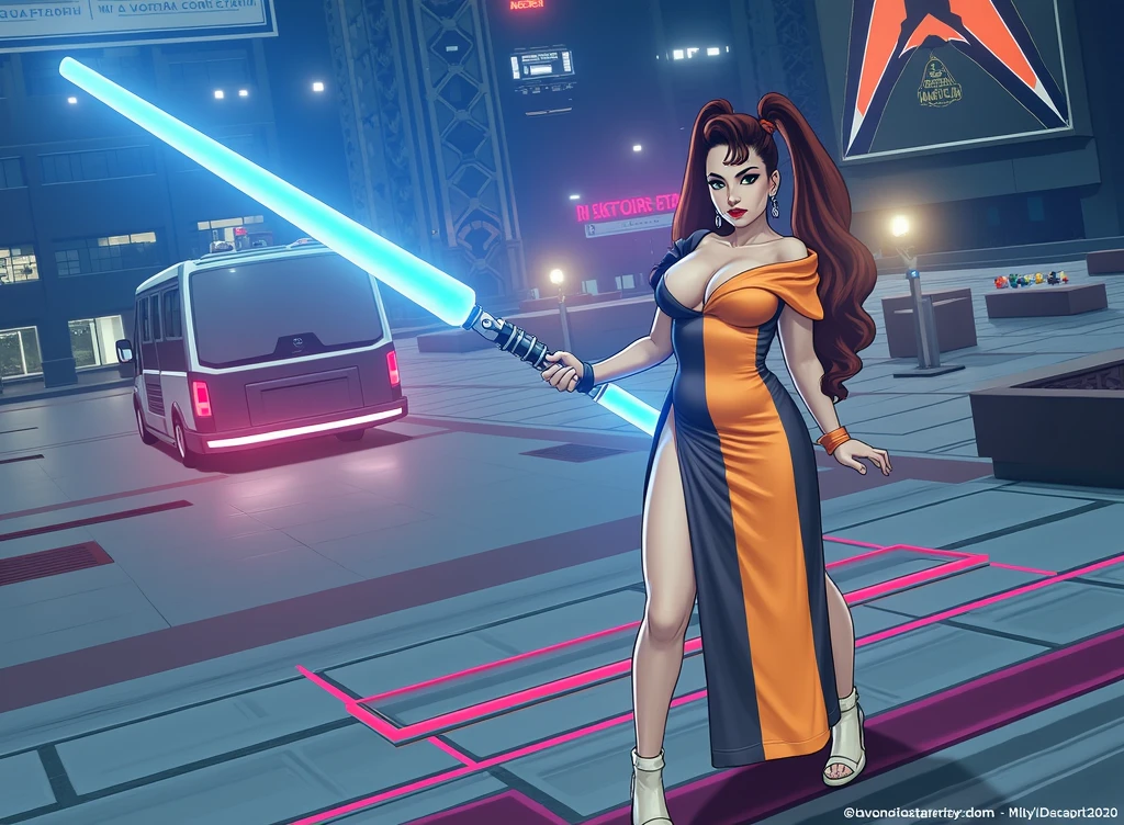 (masterpiece, best quality)), ((((perfect anatomy)))), Curvy Latina with red pigtails, dark green eyes, dark red lipstick, ((elaborate sci-fi orange black and white dress)) (((blue beam saber))), digital domain background, (((realistic art style)))