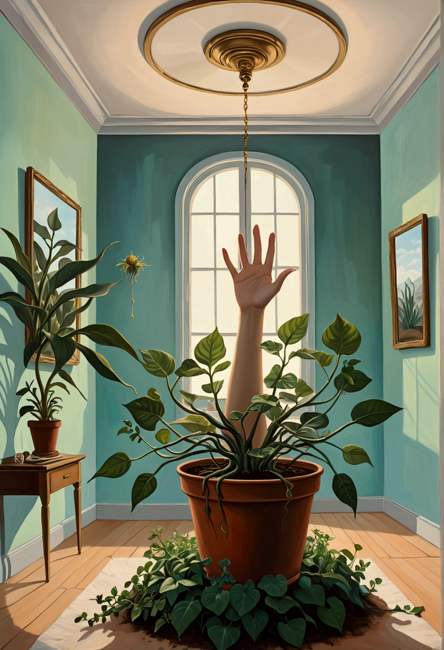 painting of a room with a plant and several hands reaching out of it, a surrealist painting by Anna Haifisch, tumblr, surrealism, surreal painting, surrealistic painting, surrealist painting, surrealist artwork, surrealism aesthetic, surreal oil painting, surreal illustration, surrealist art, whimsical surrealism, dreamy painting of coronavirus, surreal art, abstract surrealism masterpiece