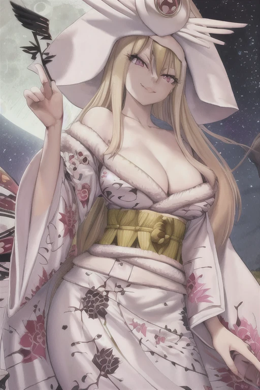 ftselenekim, pink eyes, mature female, blonde hair, hat, clothes, ftselenecas, pink eyes, blonde hair, maturefemale,cleavage, kimono, japanese clothes, moon, white clothes , big chest, smile, perfect waist, large breasts, kimono