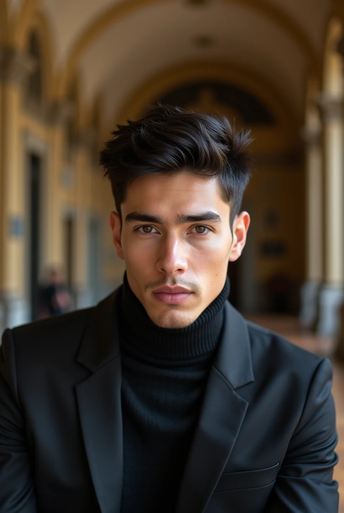 A medium shot of a charismatic a beautiful young men influencer, with black short hair, captured in a London museum posing. Profesional cinematography camera