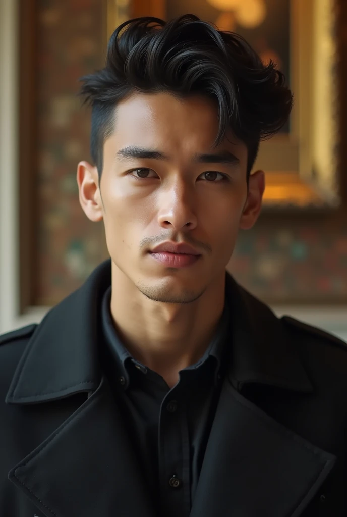 A medium shot of a charismatic a beautiful young men influencer, with black short hair, captured in a London museum posing. Profesional cinematography camera