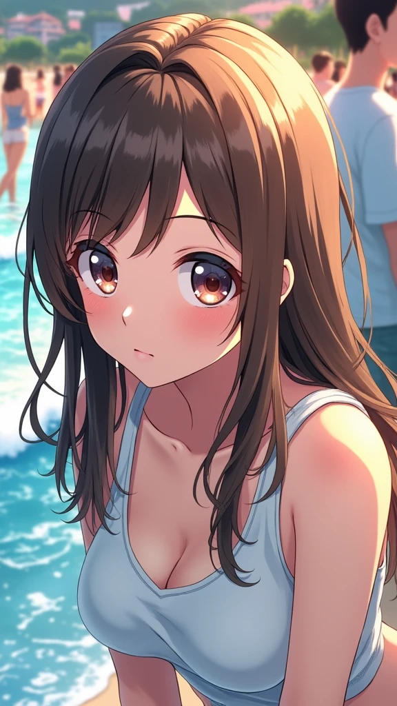 A hyper-realistic, ultra HD 8K anime-style image depicting a young man and woman standing together on a beach at sunset. The young man is dressed in a summer outfit, wearing a casual T-shirt, shorts, and sandals. The young woman is wearing a summer outfit as described: a crop top, denim shorts, and flat sandals. The background features a lively beach party with people dancing and enjoying the evening. The sunset casts a warm, golden light over the scene, reflecting on the ocean waves. The overall atmosphere is vibrant and full of summer energy, with detailed, vivid colors and a sharp focus on the characters and the environment