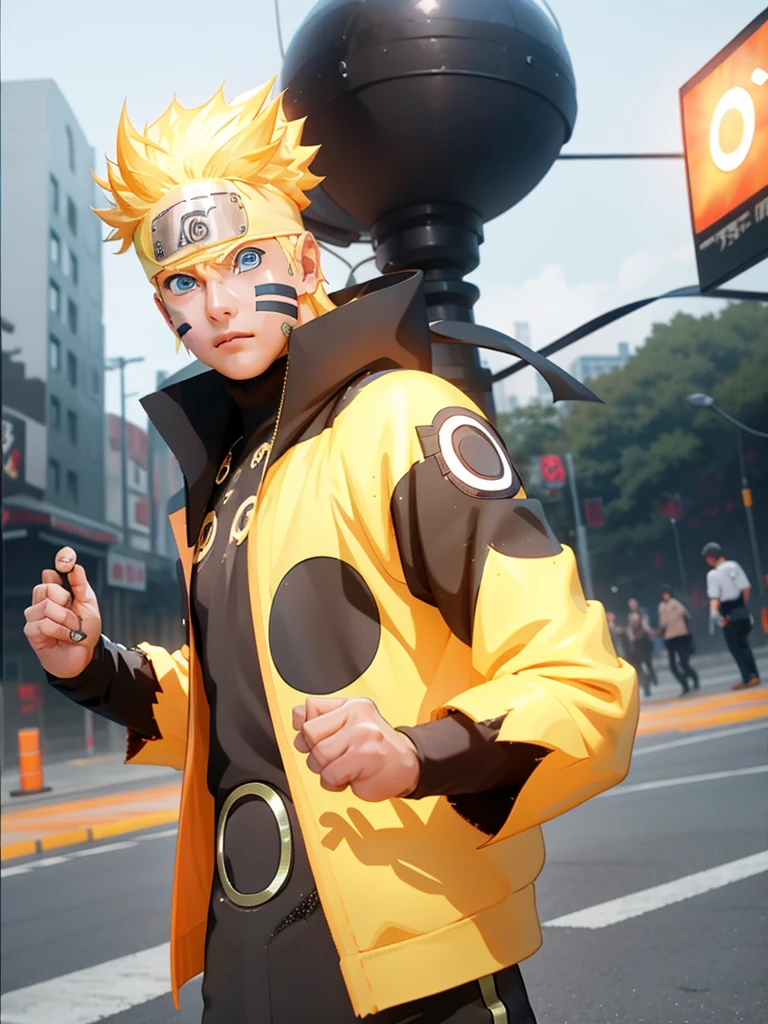 1boy, blue eyes, yellow hair, beautiful detailed eyes, beautiful detailed lips, extremely detailed eyes and face, longeyelashes, Uzumaki Naruto, streetwear Supreme clothes, upper body, outdoor, (best quality,4k,8k,highres,masterpiece:1.2),ultra-detailed,(realistic,photorealistic,photo-realistic:1.37),vibrant colors, cinematic lighting, dynamic pose, street style, cool boy, superb style