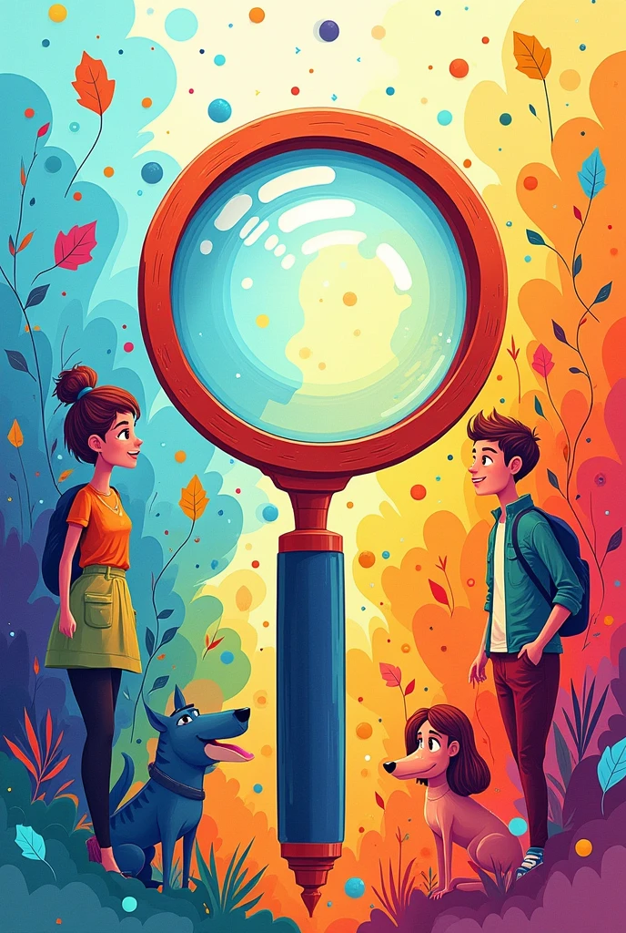 Represent in drawing the learning that is taught at school with fun and different colors, that are under a magnifying glass, something simpler and that is a rainbow 
