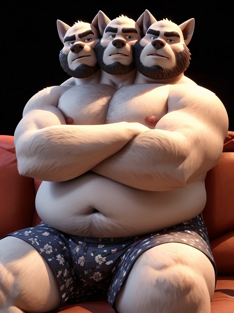 solo, siberian husky, twins, 60 year old male, ((arms crossed:1.3)), natural pose, sexy pose, sitting on couch, different facial expressions, tired, bored, annoyed, three identical heads attached to the same body, siberian husky ears, bald, stubble, beard, black and white fur, masculine, three necks, eyes, adult, male, 3d, by disney, by pixar, (overweight, fat, obese, big belly, out of shape), black background, shirtless, navel, male nipples, boxers, correct hands, correct anatomy, ultradetailed, best quality, detailed masterpiece, highly detailed masterpiece, 4k, professional cartoon
