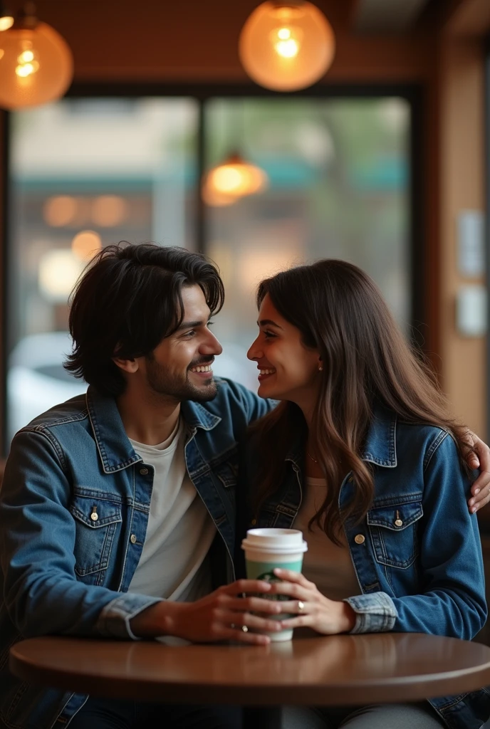 A 20 years old young indian boy with medium long hair wearing denim jacket and seating with his 20 years old young girlfriend with long hair who's wearing blue jacket and both are seating in starbucks coffee shop.
