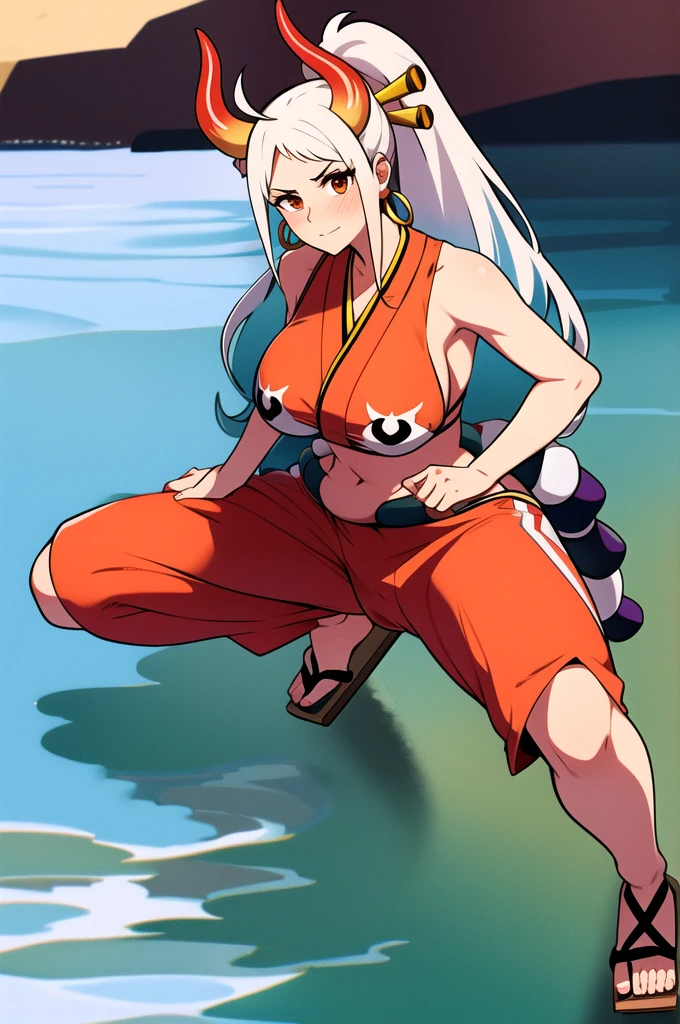 2d, masterpiece, best quality, anime, highly detailed face, highly detailed background, perfect lighting, 1girl, solo, yamato, orange eyes, long hair, multicolored hair, aqua hair, white hair, two-tone hair, high ponytail, horns, multicolored horns, hair ornament, bare shoulders, large breasts, looking at viewer, blush, ponytail, ahoge, sidelocks, earrings, bikini clothes , sleeveless, no pants, bare arms, no sandals, , rope, oni, hoop earrings, geta, hair stick, curled horns, shimenawa, red horns, sleeveless bikini , red pants, beach  background, japonese place, ocean, leafs falling, portrait, 