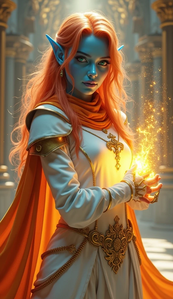 fantasy portrait  art, dnd art, RPG art, wide shot, (masterpiece: 1.4) intense details, highly detailed, photorealistic, best quality, highres, portrait a female (fantasy art, Masterpiece, best quality: 1.3) ((blue skin: 1.5)), intense details facial details, exquisite beauty, (fantasy art, Masterpiece, best quality) cleric, (blue skinned: 1.3) female, (red with orange stripes hair: 1.3), long hair, ((no ears: 1.5)), (green eyes: 1.3), casting yellow radiant spell, wearing heavy (white armor: 1.3), wearing high heeled boots, wearing an (orange cloak:1.3), wearing glowing holy symbol, within fantasy temple background, reflection light, high details, best quality, 16k, [ultra detailed], masterpiece, best quality, (extremely detailed), close up, ultra wide shot, photorealistic, RAW, fantasy art, dnd art, fantasy art, realistic art,((best quality)), ((masterpiece)), (detailed), perfect face, art by mooncryptowow