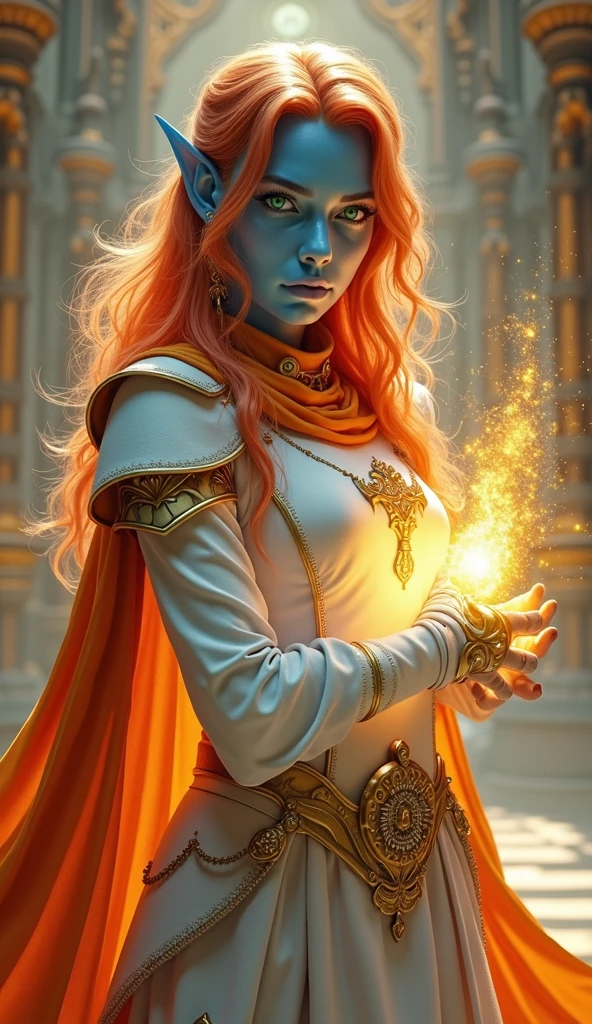 fantasy portrait  art, dnd art, RPG art, wide shot, (masterpiece: 1.4) intense details, highly detailed, photorealistic, best quality, highres, portrait a female (fantasy art, Masterpiece, best quality: 1.3) ((blue skin: 1.5)), intense details facial details, exquisite beauty, (fantasy art, Masterpiece, best quality) cleric, (blue skinned: 1.3) female, (red with orange stripes hair: 1.3), long hair, ((no ears: 1.5)), (green eyes: 1.3), casting yellow radiant spell, wearing heavy (white armor: 1.3), wearing high heeled boots, wearing an (orange cloak:1.3), wearing glowing holy symbol, within fantasy temple background, reflection light, high details, best quality, 16k, [ultra detailed], masterpiece, best quality, (extremely detailed), close up, ultra wide shot, photorealistic, RAW, fantasy art, dnd art, fantasy art, realistic art,((best quality)), ((masterpiece)), (detailed), perfect face, art by mooncryptowow