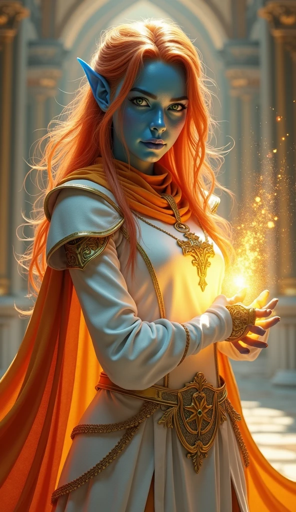fantasy portrait  art, dnd art, RPG art, wide shot, (masterpiece: 1.4) intense details, highly detailed, photorealistic, best quality, highres, portrait a female (fantasy art, Masterpiece, best quality: 1.3) ((blue skin: 1.5)), intense details facial details, exquisite beauty, (fantasy art, Masterpiece, best quality) cleric, (blue skinned: 1.3) female, (red with orange stripes hair: 1.3), long hair, ((no ears: 1.5)), (green eyes: 1.3), casting yellow radiant spell, wearing heavy (white armor: 1.3), wearing high heeled boots, wearing an (orange cloak:1.3), wearing glowing holy symbol, within fantasy temple background, reflection light, high details, best quality, 16k, [ultra detailed], masterpiece, best quality, (extremely detailed), close up, ultra wide shot, photorealistic, RAW, fantasy art, dnd art, fantasy art, realistic art,((best quality)), ((masterpiece)), (detailed), perfect face, art by mooncryptowow