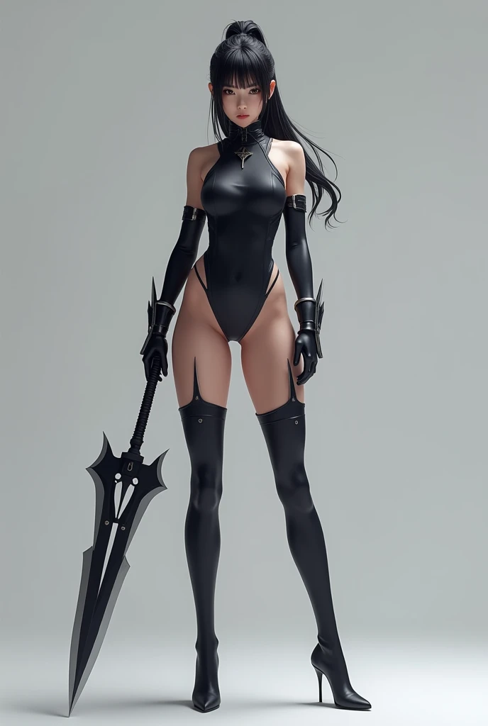 Eve, stellar blade, 8k,highres, 1girl, front lighting, simple background, gray background, looking at the viewer, bodysuit, black hair and dark black hair, fringe, hair tied in ponytail style, video game, heels, gloves, ass, boobs, honey colored eyes, white skin, korean