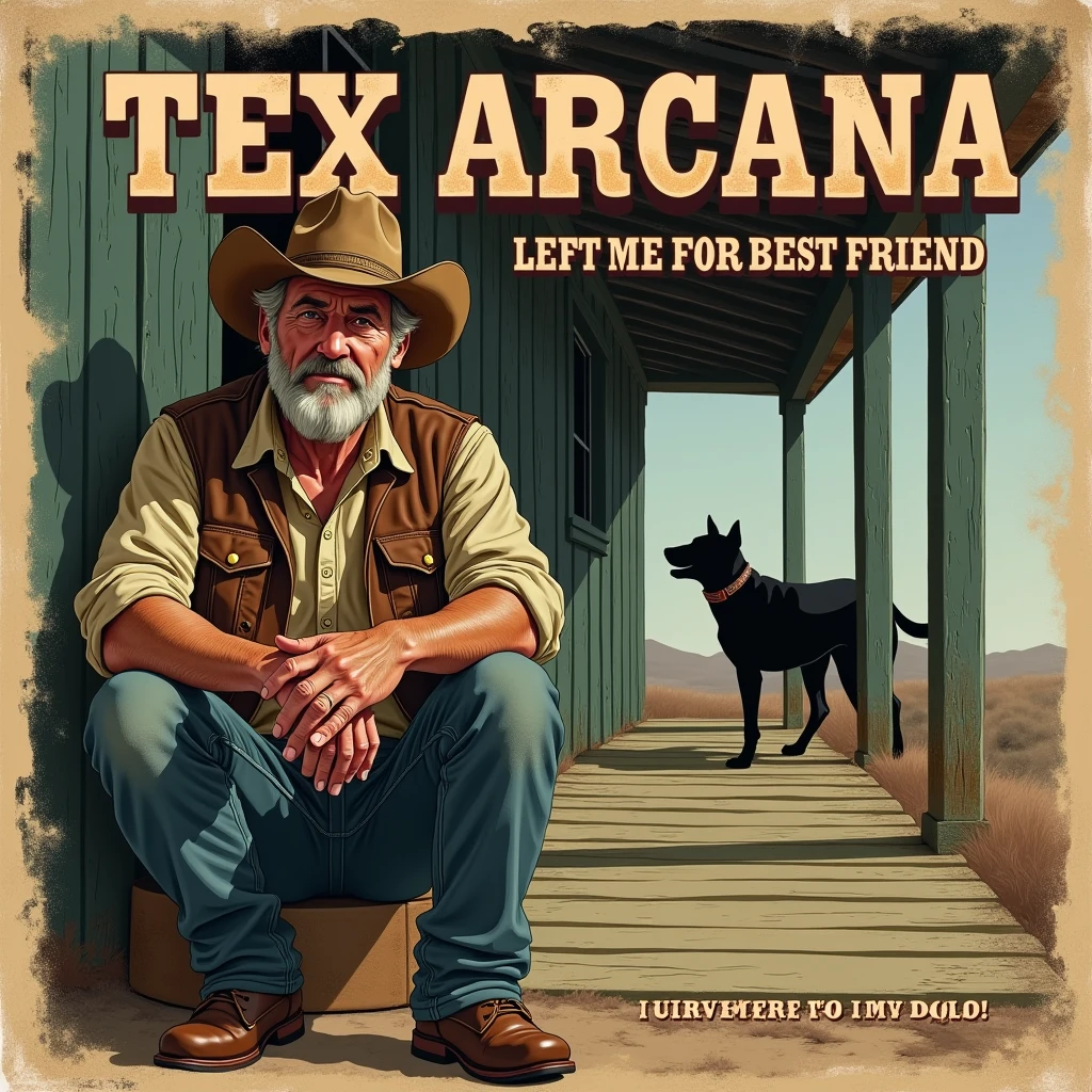 A heartfelt and nostalgic country album cover featuring Tex Arcana, with a weathered, yet grizzled, appearance. He is dressed in classic cowboy attire, complete with a hat and worn-out jeans. In the background, there's a tavern with the silhouette of a dog on a porch, symbolizing his lost companion. The title of the album, "My Woman Left Me for My Best Friend," is displayed prominently, with a touch of sadness. The subtitle, "I Sure Do Miss My Dog," adds a personal and emotio