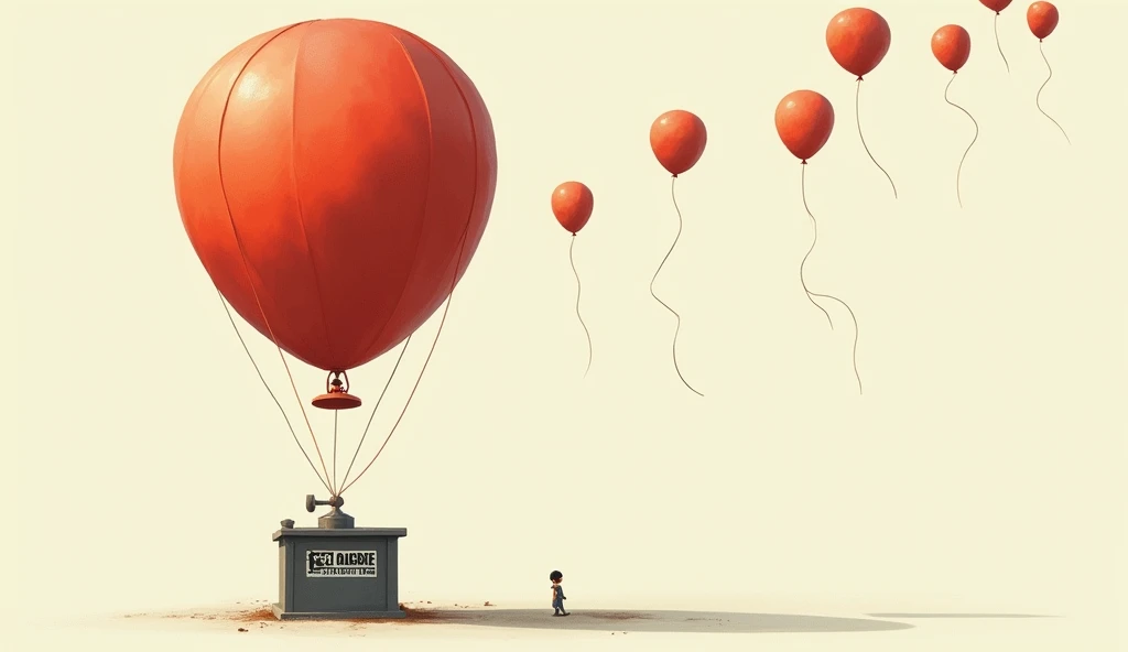 "Inflation of college degrees"
A balloon labeled "College Degree" being inflated by a pump labeled "Universities," with more and more balloons floating into the air, representing the increasing number of degrees being issued without matching opportunities.Make it realistic not animated