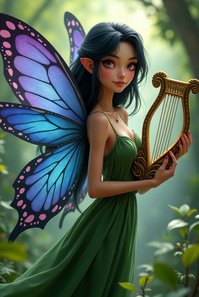A slender fairy with blue and purple butterfly wings, black hair and pink eyes. She wears long, natural green clothes., and holds a lyre harp. She has an expression of someone who likes to play pranks..